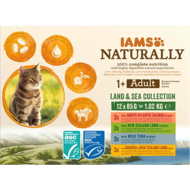 IAMS Natvoer Katten Land & Zee Collectie In Sauce Naturally Mix, Adult, Multipack (12x85 G) 1.02 kg