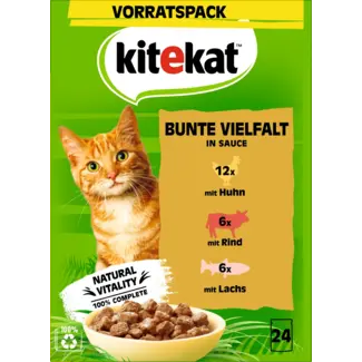 kitekat kitekat Natvoer Kat Met Kip, Rund & Zalm, Kleurrijke Variëteit In Saus, Multipack (24x85 G)