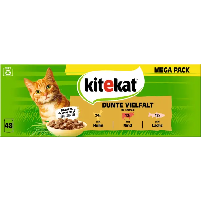 kitekat Natvoer Kat Met Kip, Rund & Zalm, Kleurrijke Variëteit In Saus, Multipack (48x85 G) 4.08 kg