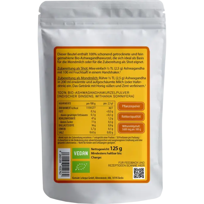 Lebepur Superfood-pulver, Ashwagandha 125 g