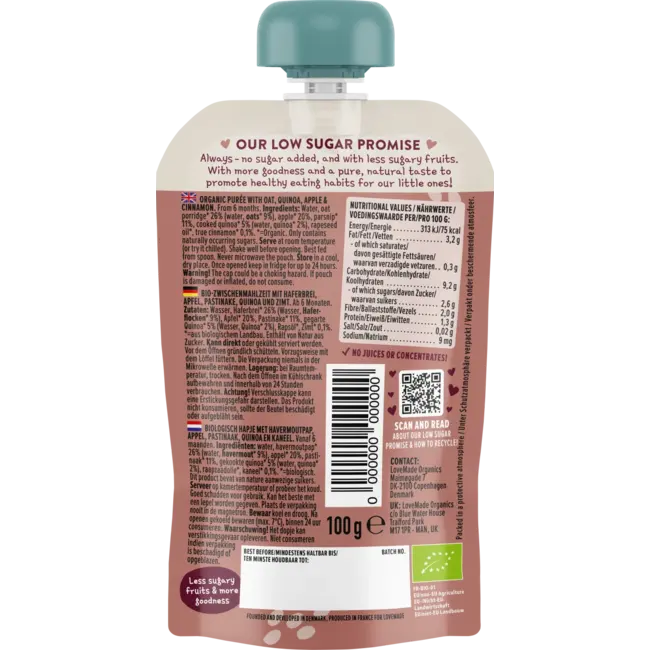 LoveMade Organics Quetschie Havermoutpap, Appel, Pastinaak, Quinoa En Kaneel, Vanaf 6 Maanden 100 g