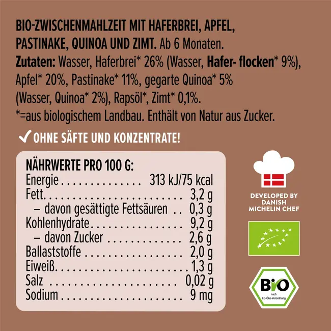 LoveMade Organics Quetschie Havermoutpap, Appel, Pastinaak, Quinoa En Kaneel, Vanaf 6 Maanden 100 g