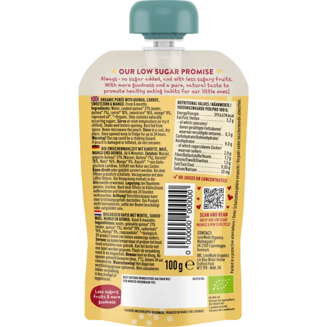 LoveMade Organics Knijpwortel, Maïs, Mango En Quinoa, Vanaf 6 Maanden 100 g