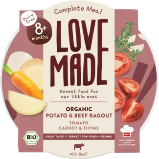 LoveMade Organics LoveMade Organics Menu Met Aardappelen, Wortelen, Rundvlees, Tijm, Vanaf 8 Maanden