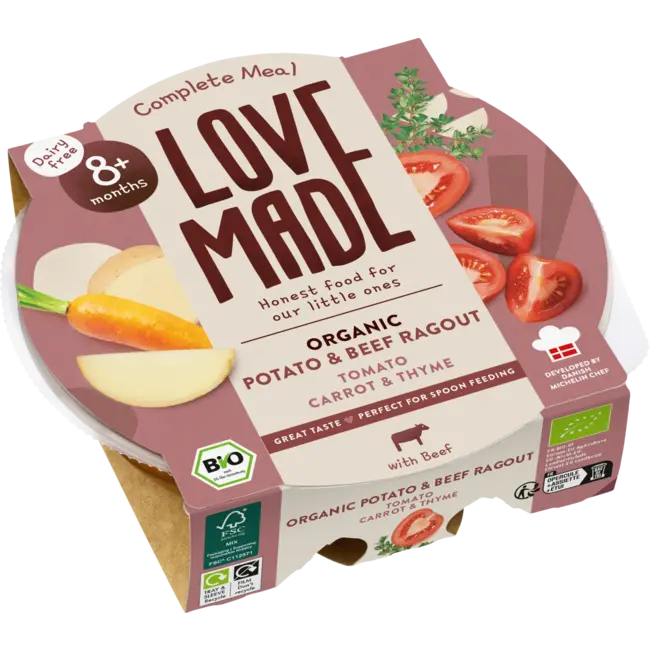 LoveMade Organics Menu Met Aardappelen, Wortelen, Rundvlees, Tijm, Vanaf 8 Maanden 185 g