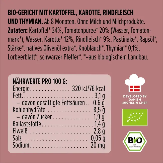 LoveMade Organics Menu Met Aardappelen, Wortelen, Rundvlees, Tijm, Vanaf 8 Maanden 185 g