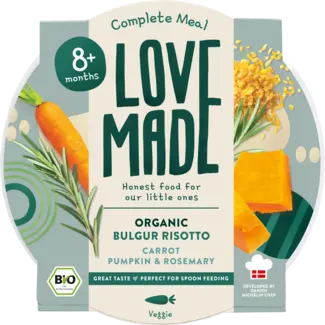LoveMade Organics LoveMade Organics Menu Bulgur Risotto Met Wortelen, Pompoen, Rozemarijn, Vanaf 8 Maanden