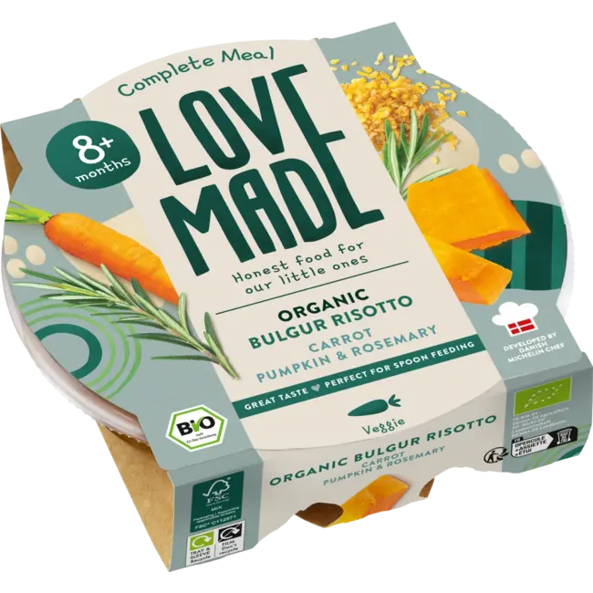 LoveMade Organics Menu Bulgur Risotto Met Wortelen, Pompoen, Rozemarijn, Vanaf 8 Maanden 185 g