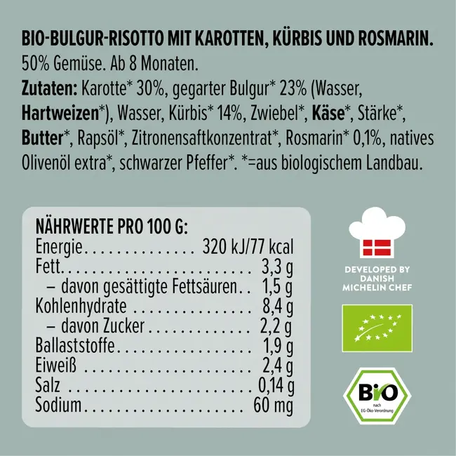 LoveMade Organics Menu Bulgur Risotto Met Wortelen, Pompoen, Rozemarijn, Vanaf 8 Maanden 185 g