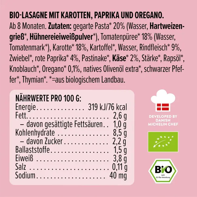 LoveMade Organics Menu Lasagne Met Wortelen, Paprika 's, Oregano, Vanaf 8 Maanden 185 g