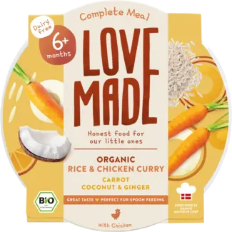 LoveMade Organics LoveMade Organics Menu Curry Rijstgerecht Wortel, Kip, Kokos, Gember, Vanaf 6 Maanden