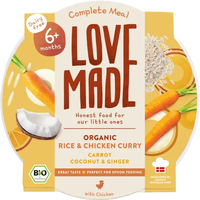 LoveMade Organics Menu Curry Rijstgerecht Wortel, Kip, Kokos, Gember, Vanaf 6 Maanden 185 g