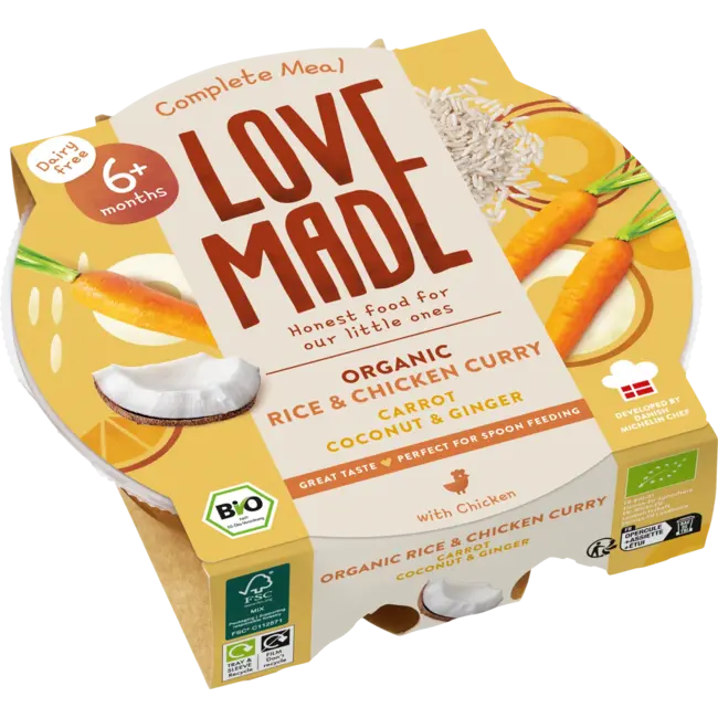 LoveMade Organics Menu Curry Rijstgerecht Wortel, Kip, Kokos, Gember, Vanaf 6 Maanden 185 g