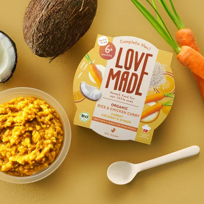 LoveMade Organics Menu Curry Rijstgerecht Wortel, Kip, Kokos, Gember, Vanaf 6 Maanden 185 g