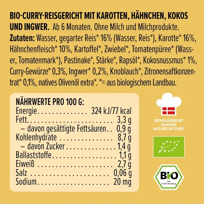 LoveMade Organics Menu Curry Rijstgerecht Wortel, Kip, Kokos, Gember, Vanaf 6 Maanden 185 g