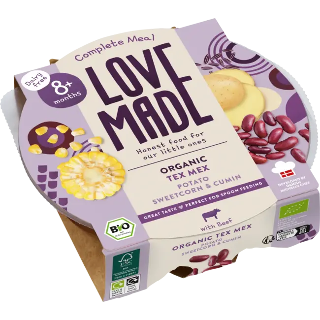 LoveMade Organics Menu Tex Mex Met Aardappelen, Rundvlees, Maïs, Komijn, Vanaf 8 Maanden 185 g