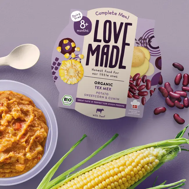 LoveMade Organics Menu Tex Mex Met Aardappelen, Rundvlees, Maïs, Komijn, Vanaf 8 Maanden 185 g