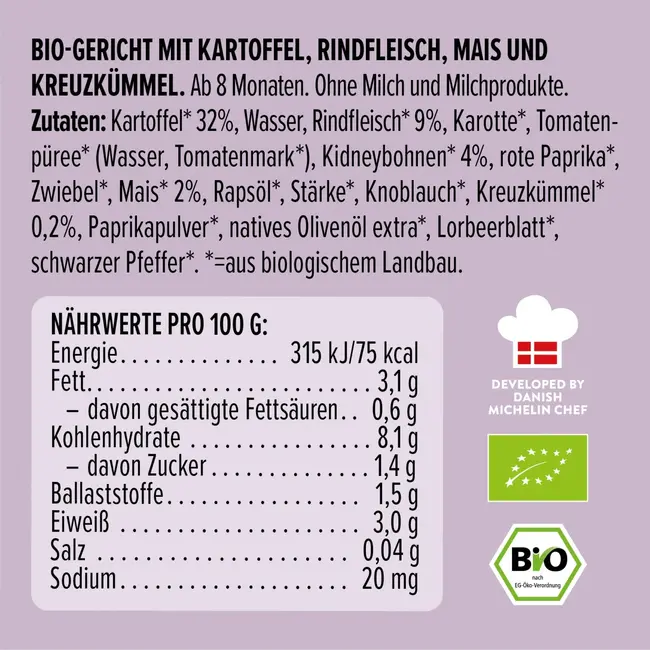 LoveMade Organics Menu Tex Mex Met Aardappelen, Rundvlees, Maïs, Komijn, Vanaf 8 Maanden 185 g
