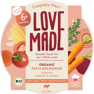 LoveMade Organics LoveMade Organics Menu Pasta Bolognese Met Tomaten, Wortelen, Tijm, Vanaf 6 Maanden