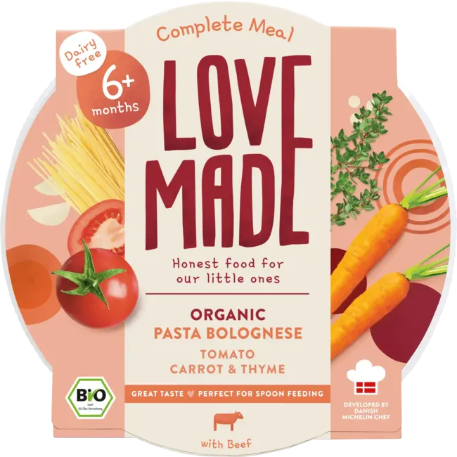 LoveMade Organics Menu Pasta Bolognese Met Tomaten, Wortelen, Tijm, Vanaf 6 Maanden 185 g