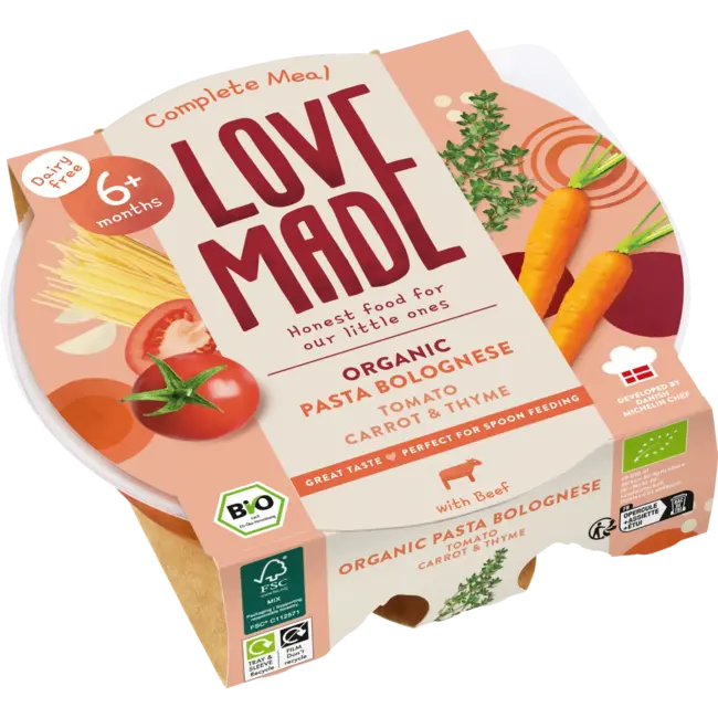 LoveMade Organics Menu Pasta Bolognese Met Tomaten, Wortelen, Tijm, Vanaf 6 Maanden 185 g