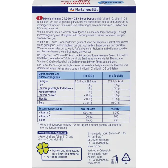 Mivolis Vitamine C 1000 + D3 + Selen Depot 30 St 42 g