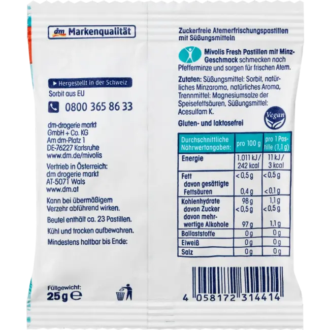 Mivolis Pastilles, Munt, Suikervrij 25 g