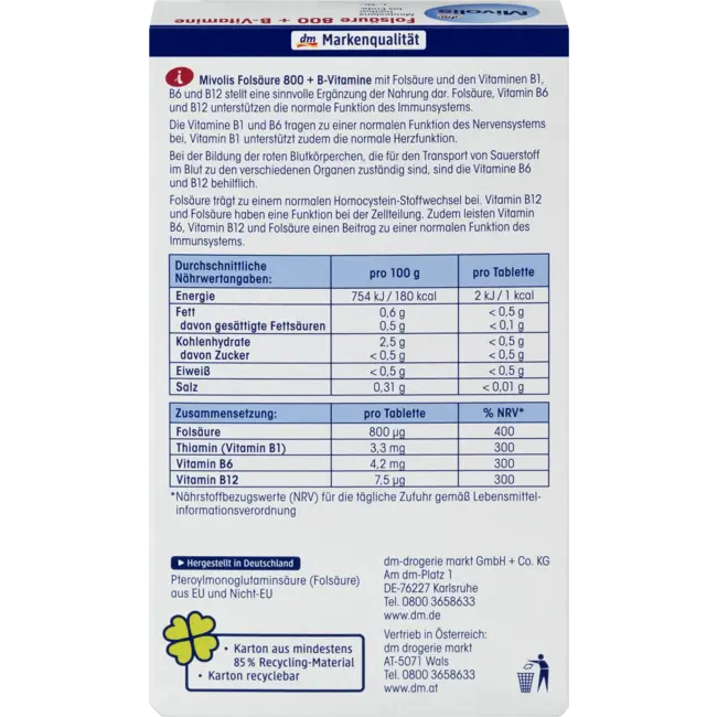 Mivolis Foliumzuur 800 + B-vitamines, Tabletten 60 St. 19 g