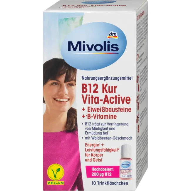 Mivolis B12 Vita-active Kuur + Eiwitbouwstenen + B-vitamines, Hoge Dosis, 10 Drinkflesjes 100 ml