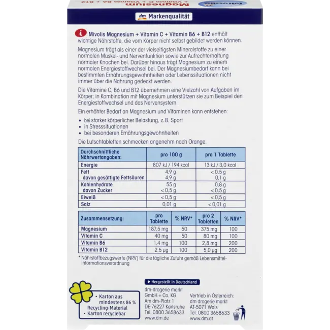 Mivolis Magnesium + Vitamine C + Vitamine B6 + B12, Zuigtabletten, 30 St. 45 g