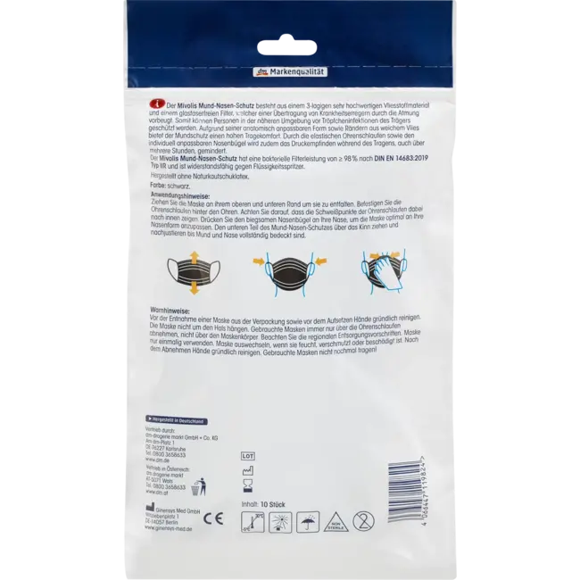 Mivolis Medisch Mondkapje Voor Volwassenen (zwart) 10 St