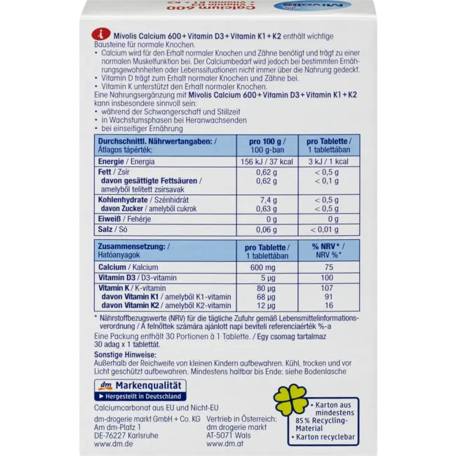 Mivolis Calcium 600 + Vitamine D3 + K1 + K2, 30 St. 50 g