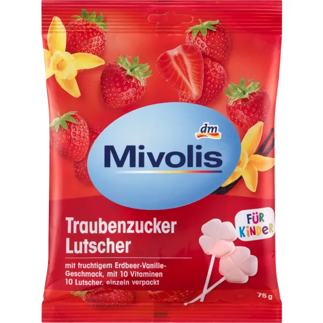 Mivolis Druivensuiker, Lolly Aardbei-vanille Voor Kinderen 75 g