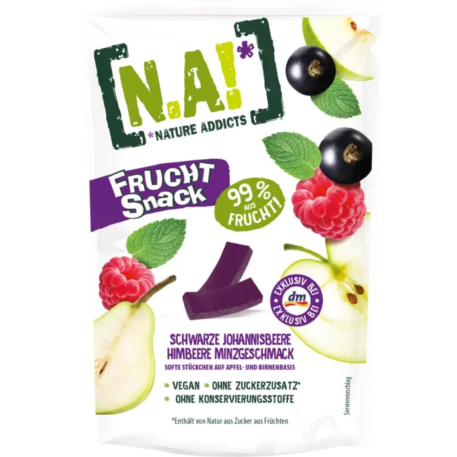 N.A! Fruitsnack, Zwarte Bessen Framboos Muntsmaak, Zachte Stukjes Op Basis Van Appel En Peer 35 g