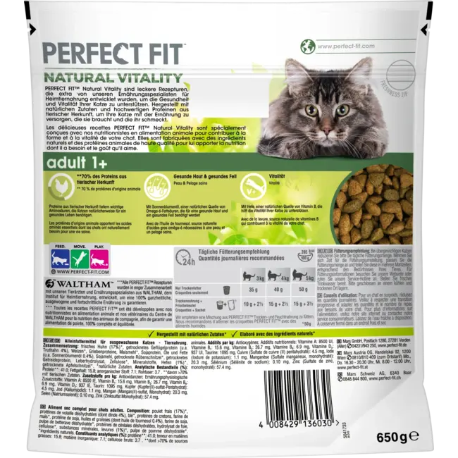 PERFECT FIT Droogvoer Kat Met Kip & Kalkoen, Natural Vitality, Adult 650 g