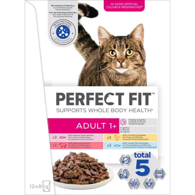 PERFECT FIT Natvoer Kat Met Vis, Kip & Rund, Vitaliteit & Fitness, Volwassen 1+, Multipack (12x85 G) 1.02 kg