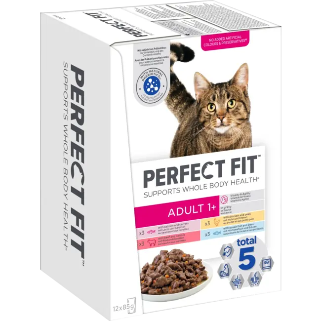 PERFECT FIT Natvoer Kat Met Vis, Kip & Rund, Vitaliteit & Fitness, Volwassen 1+, Multipack (12x85 G) 1.02 kg