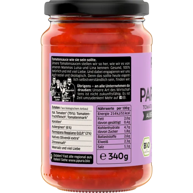 PPURA Tomatensaus, Parmigiana, Aubergine & Parmezaanse Kaas 340 g