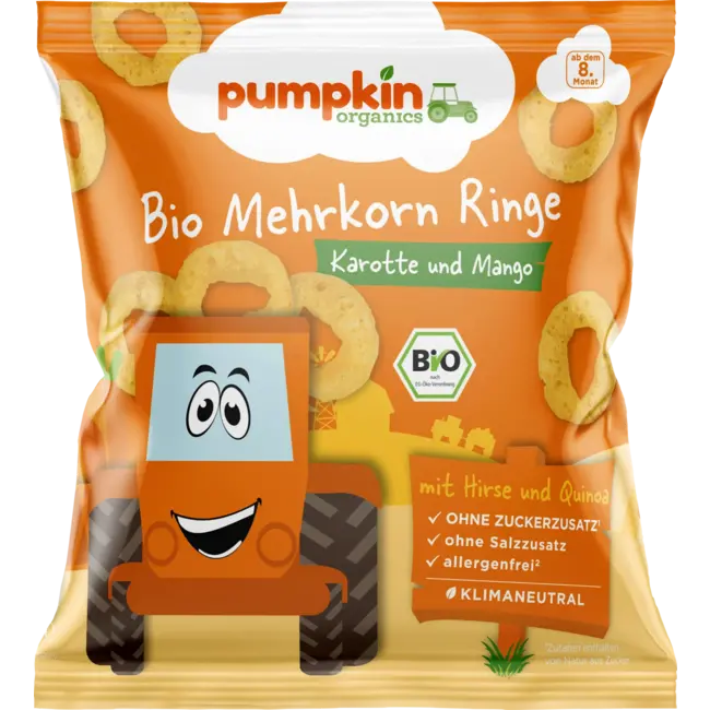 pumpkin organics Kindersnack Meergranen Ringen Met Wortel & Mango, Vanaf 8 Maanden 20 g