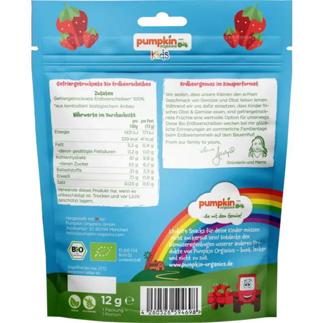 pumpkin organics Kindersnack Gevriesdroogde Aardbeien, Vanaf 3 Jaar 12 g