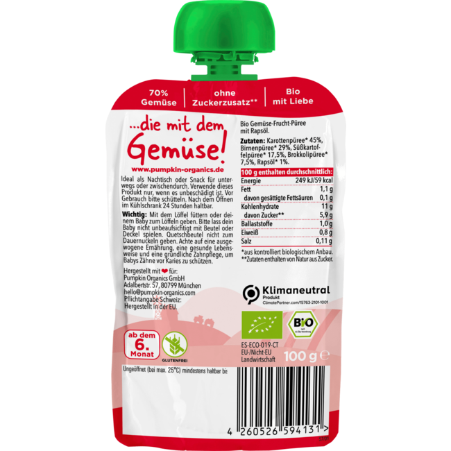 pumpkin organics Knijpwortel, Peer, Zoete Aardappel & Broccoli, Vanaf 6 Maanden 100 g