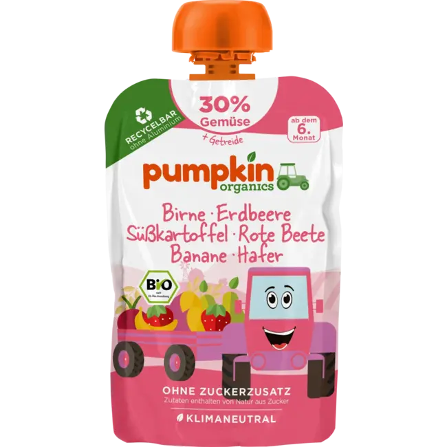 pumpkin organics Knijp Peer, Aardbei, Zoete Aardappel, Rode Biet, Banaan & Haver, Vanaf 6 Maanden 100 g