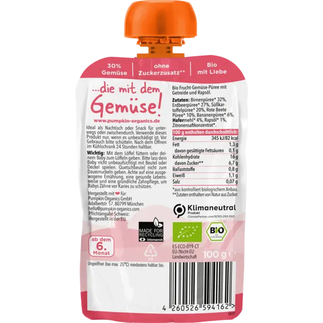 pumpkin organics Knijp Peer, Aardbei, Zoete Aardappel, Rode Biet, Banaan & Haver, Vanaf 6 Maanden 100 g