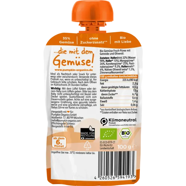 pumpkin organics Knijphaver, Mango, Wortel & Pastinaak, Vanaf 6 Maanden 100 g