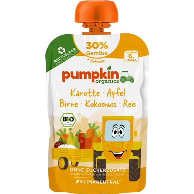 pumpkin organics Knijpwortel, Appel, Peer, Kokos & Rijst, Vanaf 6 Maanden 100 g