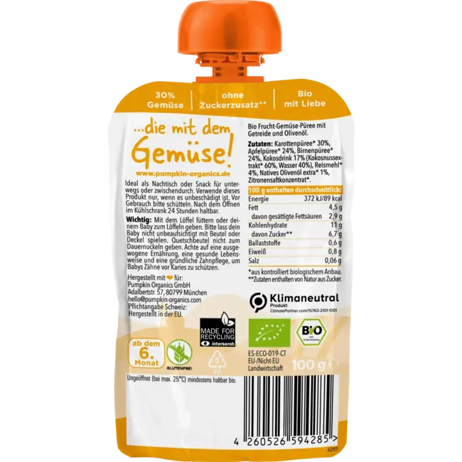 pumpkin organics Knijpwortel, Appel, Peer, Kokos & Rijst, Vanaf 6 Maanden 100 g