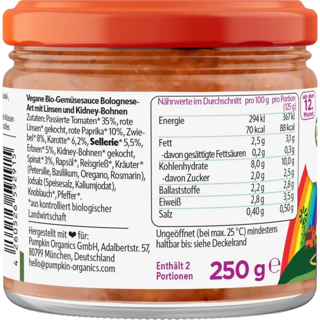 pumpkin organics Saus Veggie Bolognese Vanaf 1 Jaar 250 g
