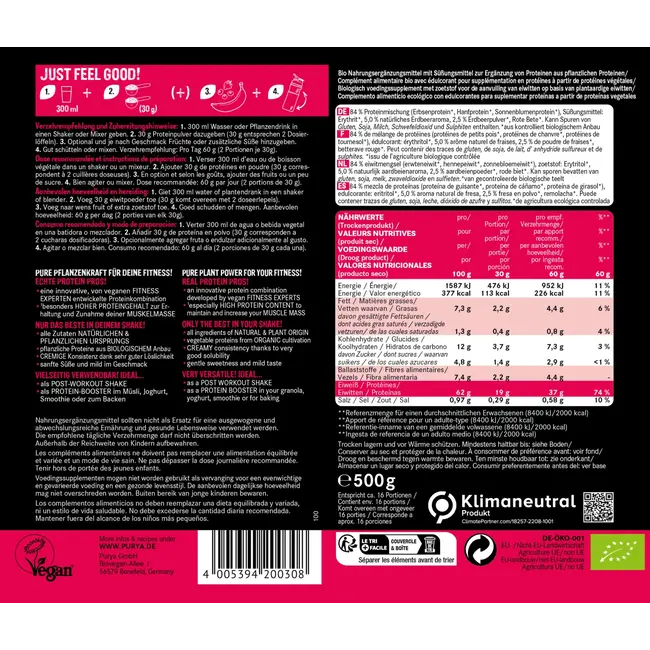 PURYA! Proteïnepoeder 62% Eiwitrijk, Aardbei 500 g