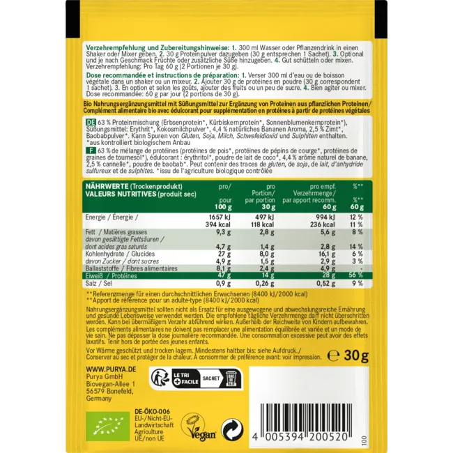 PURYA! Proteinpoeder 47% Banana Bread, Banaan & Kaneel Met Baobab 30 g