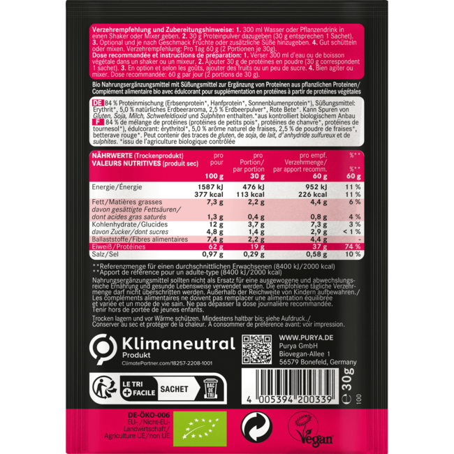 PURYA! Proteïnepoeder 62% Eiwitrijk, Aardbei 30 g